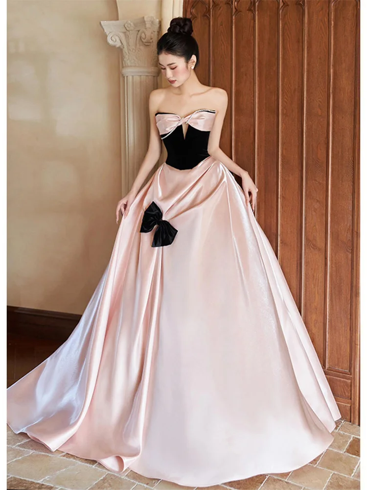Rosa trägerloses Satin-Abendkleid Princ Sle Hochzeit Dr. Geburtstag Par Brautkleid Erwachsene Zeremonie Langer A-Linien-Rock