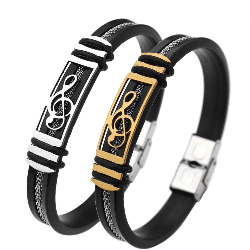 Punk Style Music Character Black Silicone Groove Stainless Steel Rope Bracelet Fashion Men's Bracelet Souvenir Gift Wholesale