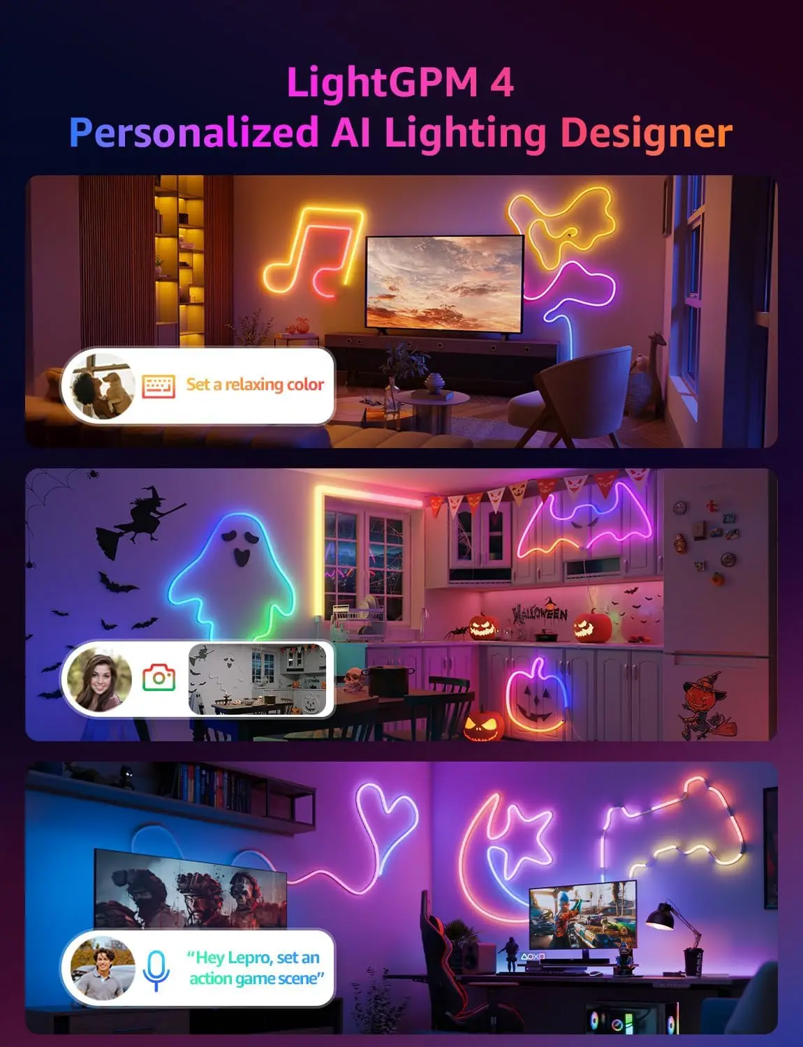 Smart RGB Rope Lights with AI Designer, Music Sync, Voice Control via App, 9.84ft Wi-Fi & Bluetooth LED Strip