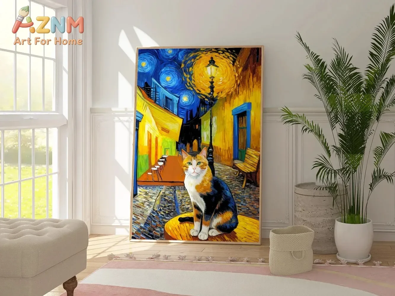 Cafe Terrace at Night With a Cat, Vincent Van Gogh Cat Poster, Animal Wall Art Decor, Pet Lovers Gift, Cat Painting, Art Gift