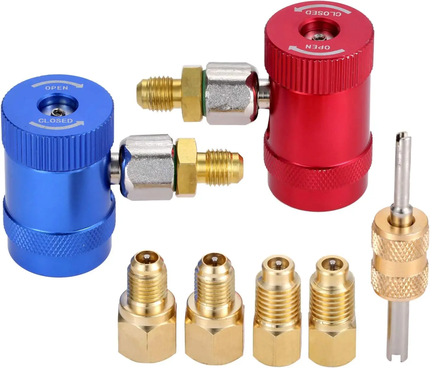 

R1234yf Adapter AC Quick Coupler 9 Pcs Set Compatible with 1/4“ Fitting AC Charging Hose for A/C Refrigerants Manifold Gauge Set