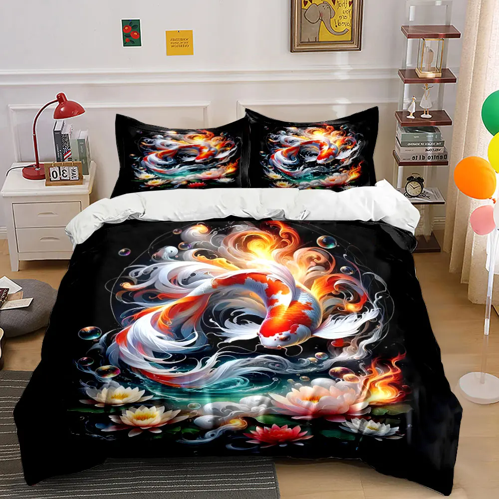Beautiful koi and glowing lotuses Bedding Set for Kids Luxury Gift 3pcs Digital Print Comforter Set Soft Comfortable Breathable
