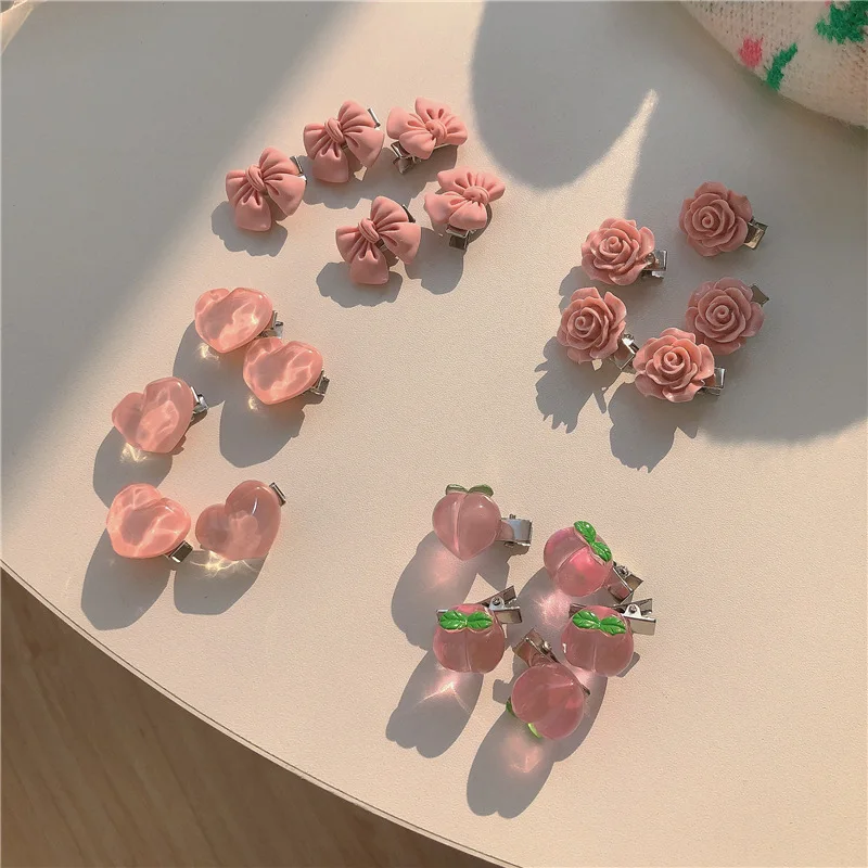 5PCS Pink Girl Cute Series Hair Clip Honey Peach Sweet Wind Camellia Lace Rose Flower Hair Card Bow Headpiece Hair Accessories