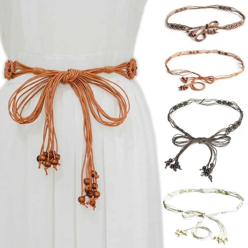 

Women Dress Accessories National Style Wood Bead Pendant Tassel Belts Woven Waist Rope Tie Strap Bohemian Waistband