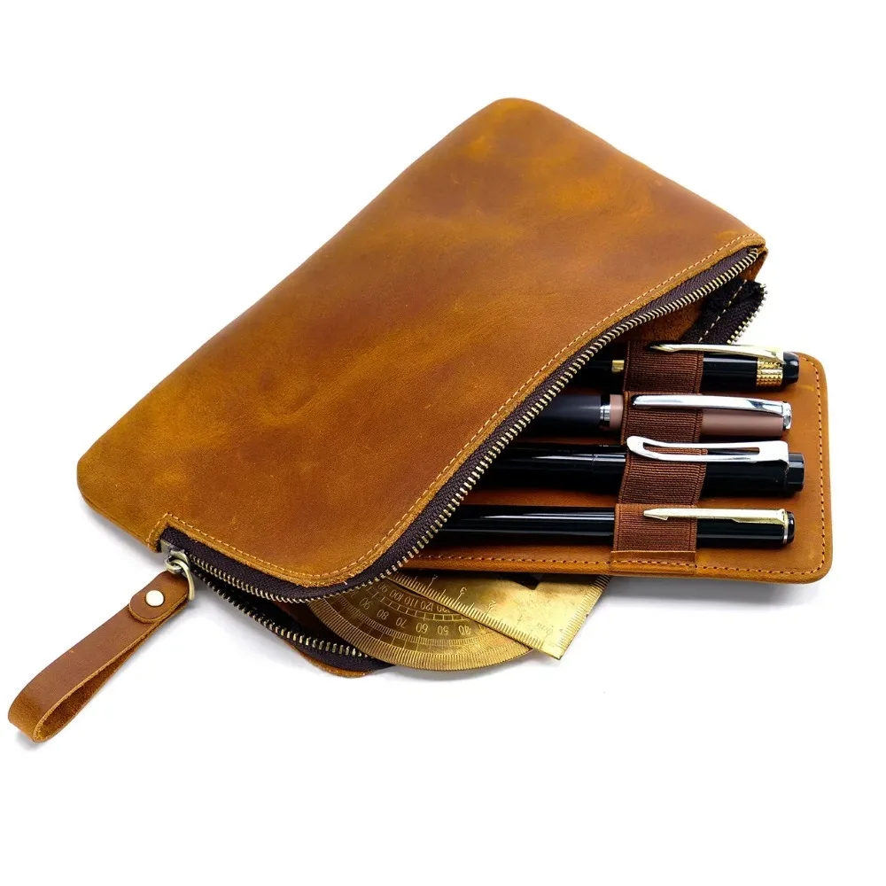 

Vintage Leather Zippered Pen Case with Multiple Slots — Large Capacity Portable Stationery Organizer