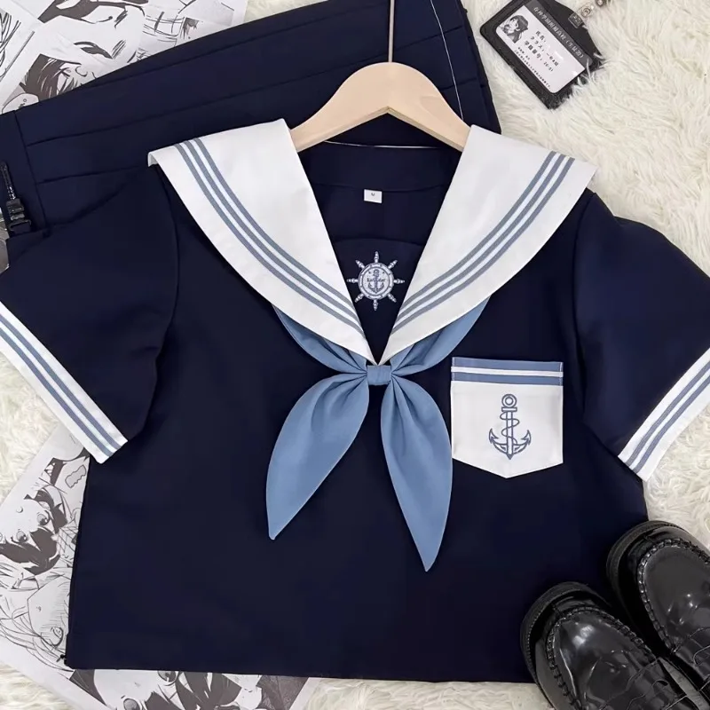 2024 New Japanese JK Uniform Sailor Collar Suit Preppy Style Summer Cute Dark Blue Long And Short Sleeve Top Skirt Bow Set Girls