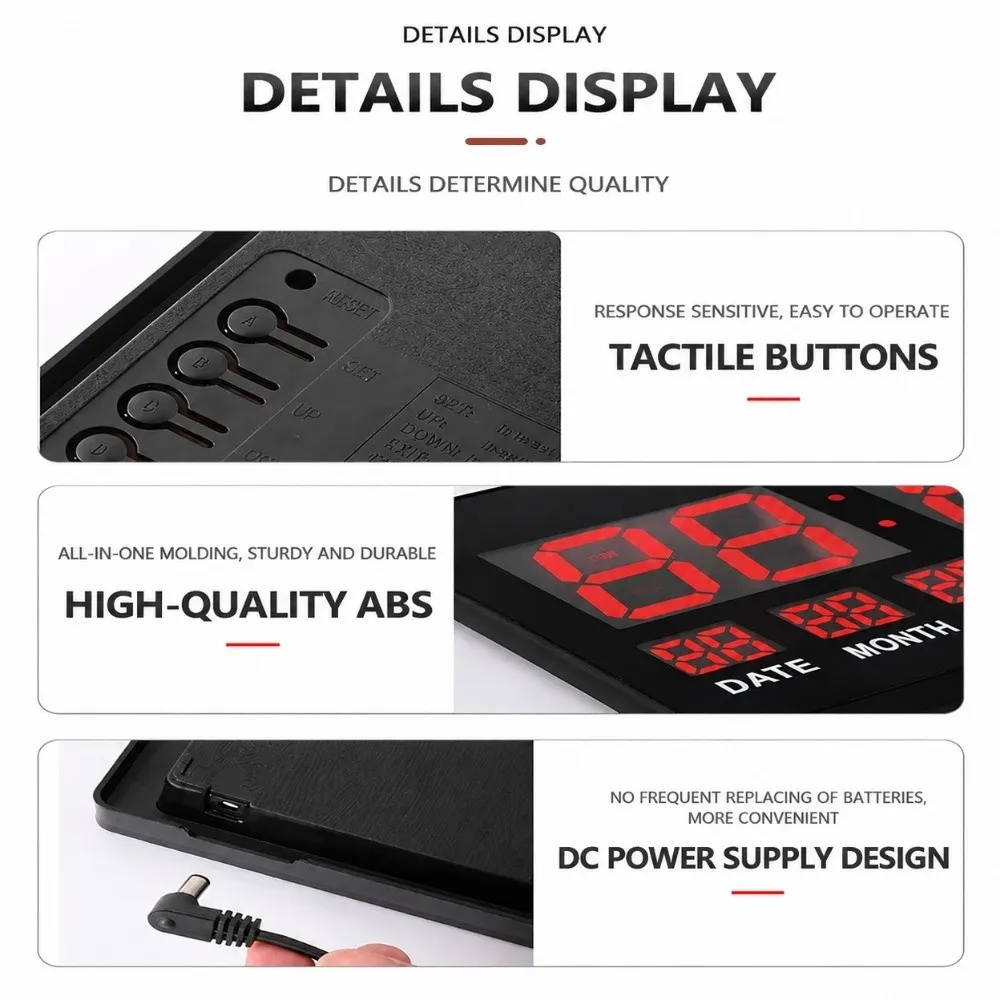 Black Digital Wall Clock LED Screen Plug In Use LED Wall Clock Date Display Temperature Display Perpetual Calendar Clock