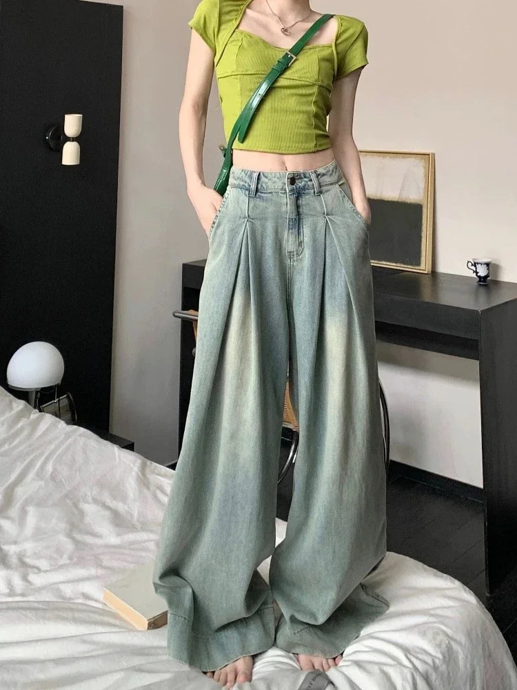 

Summer YK2 Street Fashion Design Pleated High Waisted Women Wide Leg Jeans Korean Retro Women's Loose and Versatile Jeans