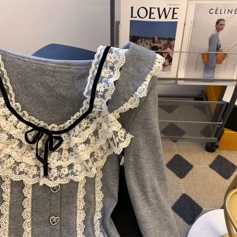 Camiseta de manga larga con cuello cuadrado y lazo de encaje para mujer, ropa de cuerpo ajustada coreana de terciopelo grueso para otoño e invierno