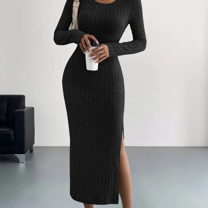 2024 autumn and winter new long sleeved round neck slit knitted long style fashionable and casual dress for women