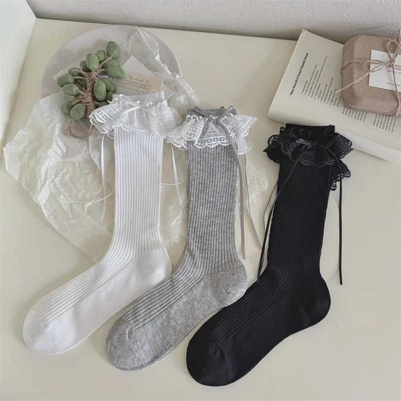 Spring and Summer Thin Socks Women's Ribbon Bow Stacking Socks Boneless Medium Tube Women's Socks