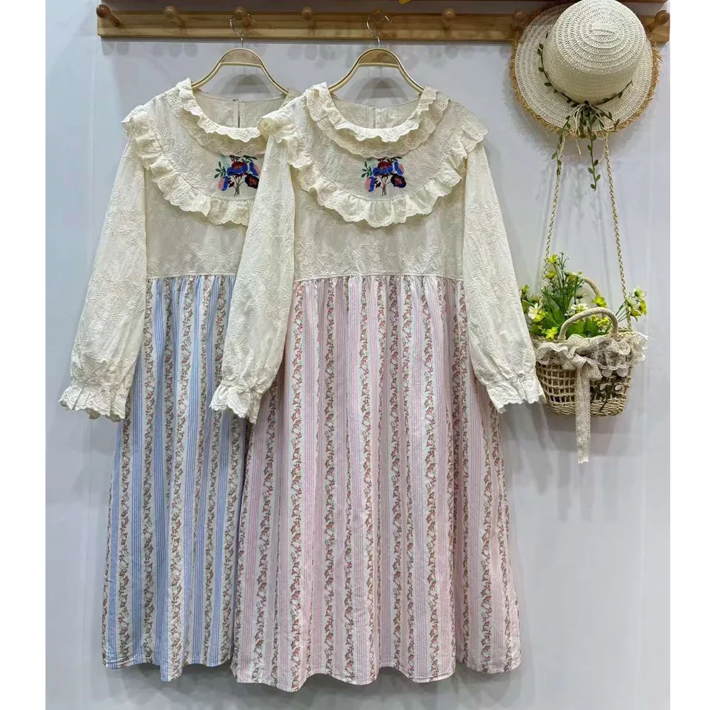 Japan Style Mori Girl Lace Embroidery Print Patchwork Dress Women Autumn Long Sleeve Ruffled Casual Loose Cotton Midi Dresses