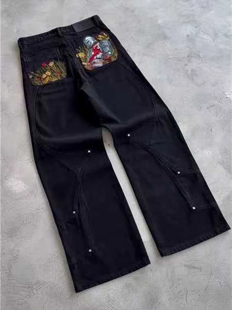 جديد الرجال عادية فضفاض مستقيم الجينز الخريف الشتاء المألوف المرقعة التطريز سراويل جينز الرجال Vintage جان السراويل