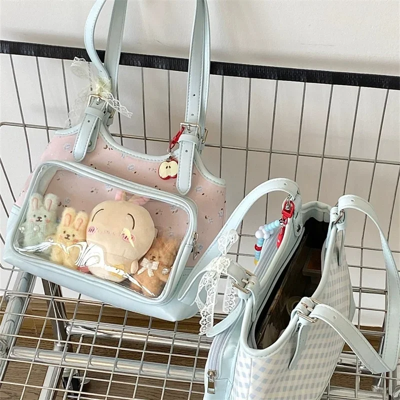 Sweet Transparent Ita Bags for Woman Bule Pink Floral Print Shoulder Bag Underarm Bolso Beautiful Sac Femme Practical Bolsos