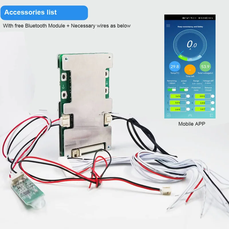 12S  50.4V  Li ion Smart Bluetooth BMS with 20A 30A 40A 60A constant current UART communication software PCB board