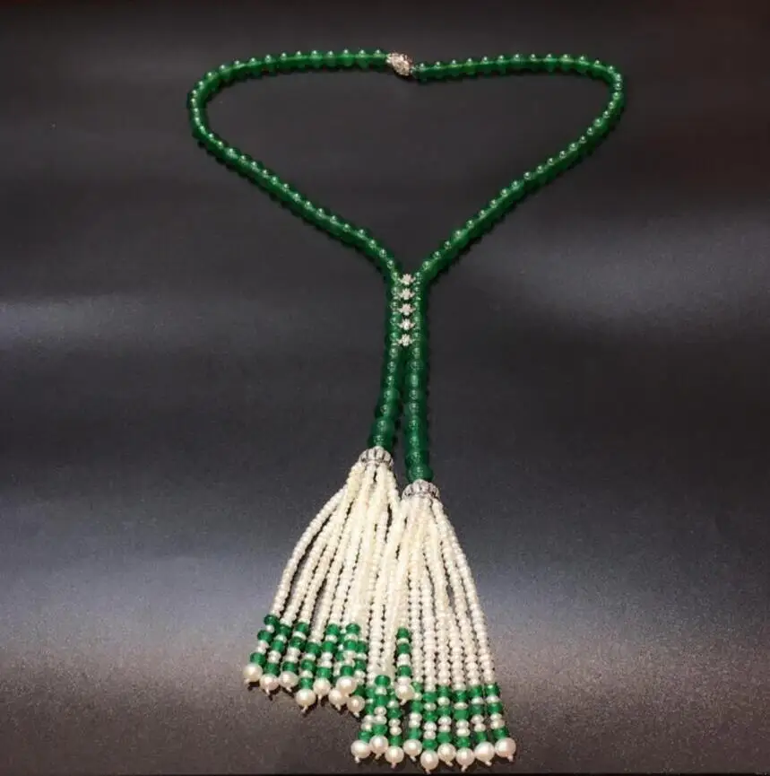 Super beautiful natural 8mm green jade freshwater pearl tassel necklace