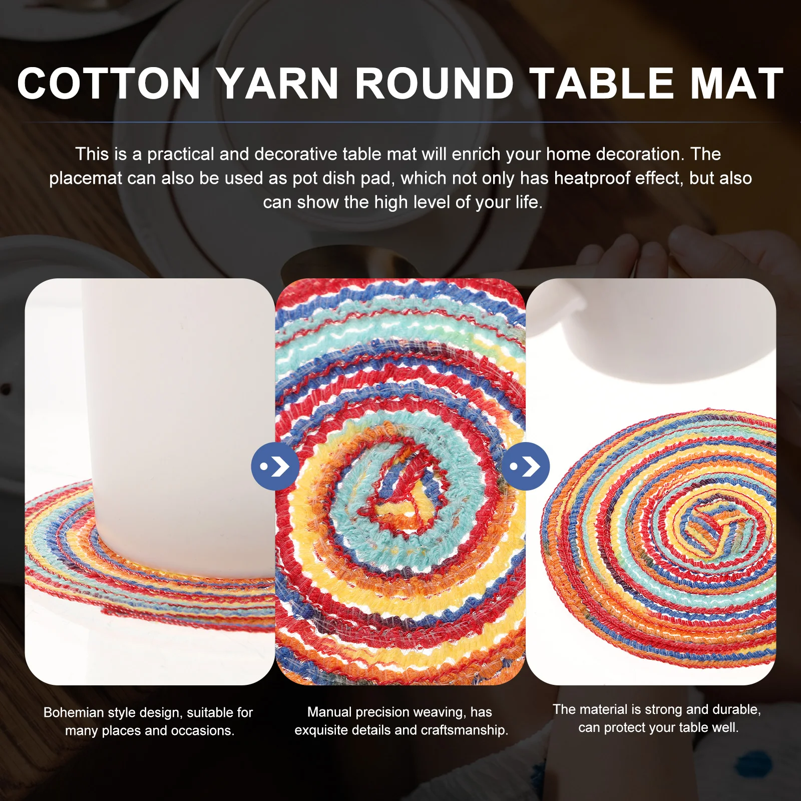 

4pcs Bohemian Style Round Tableware Mats Heat Proof Placemats Decorative Insulation Mats Protective Dish Coasters Woven Home