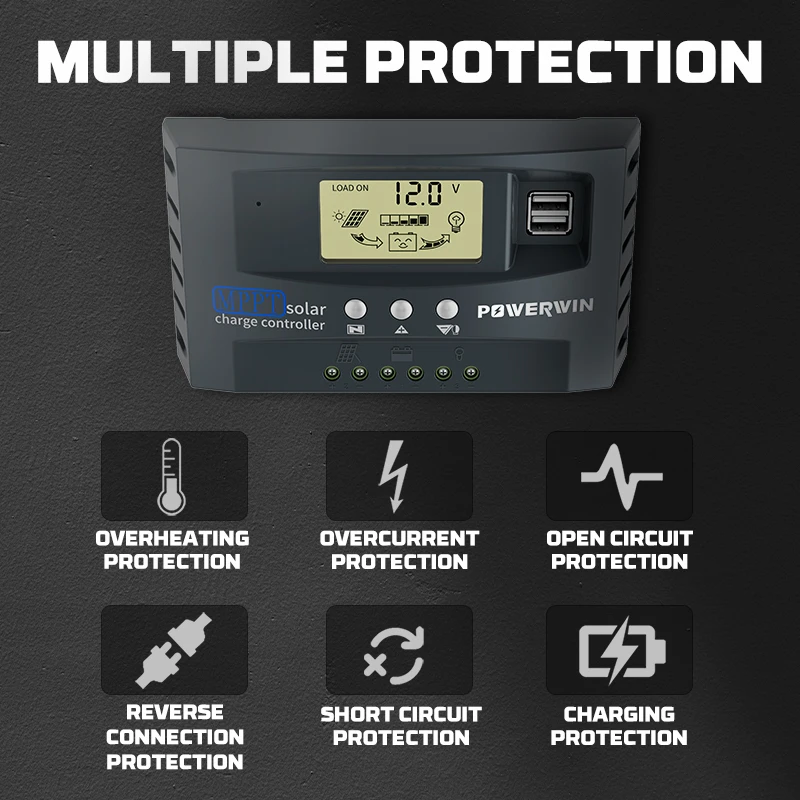Controlador Solar MPPT POWERWIN 30A/50A — Micro MPPT Automático con Protección de Sobrecarga y Pantalla LCD