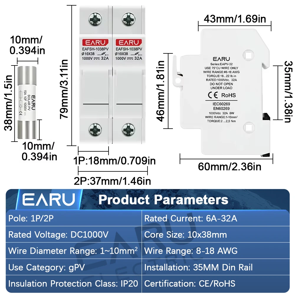 EARU One Set 1/2P DC1000V Fuse Holder Solar 10*38mm PV 6A 15A 32A Base for Solar Photovoltaic System Short Circuit Protector GPV
