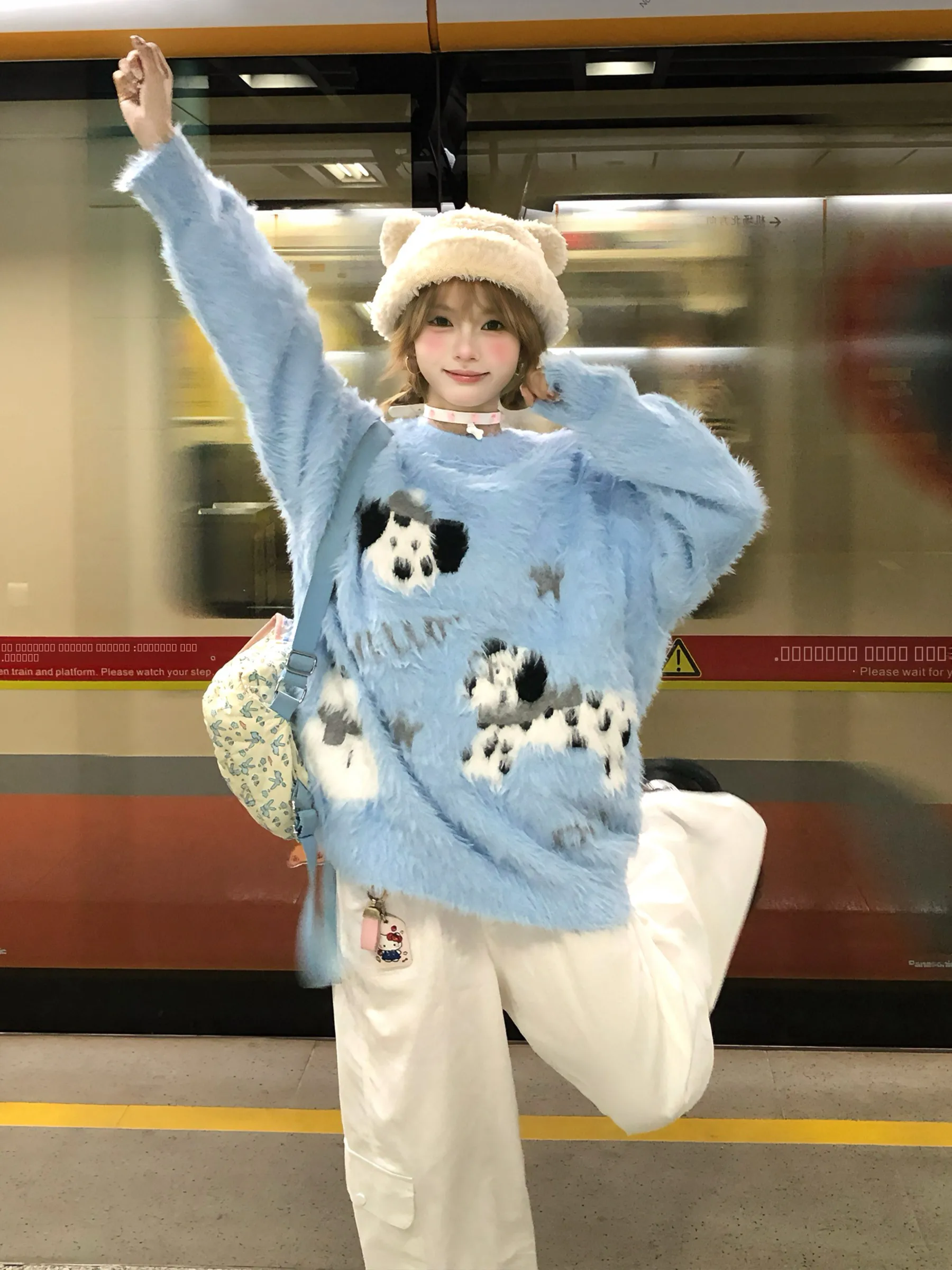 

Cute Original Water Rabbit Fur American Retro Spot Dog Pattern Sweater Women's Loose Lazy Sle Autumn Winter Warm Knitwear