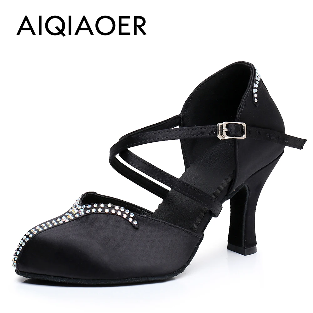 New Latin dancing shoes Lady Salsa Tango Ballroom party sneakers Rhinestone satin black outdoor closed toe shoes