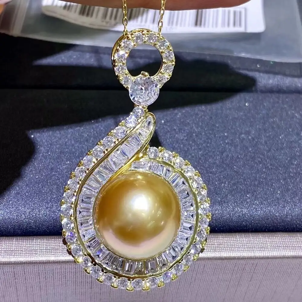 

huge 11-12mm natural round gold south sea pearl pendant chains necklaces pendant necklace pearl necklace jewelry