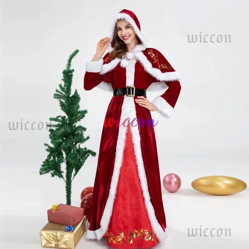 NewSanta Claus vestido de mujer disfraz de Cosplay disfraces de Navidad Año Nuevo rojo largo de lujo clásico adultos conjunto trajes de fiesta de Carnaval 20
