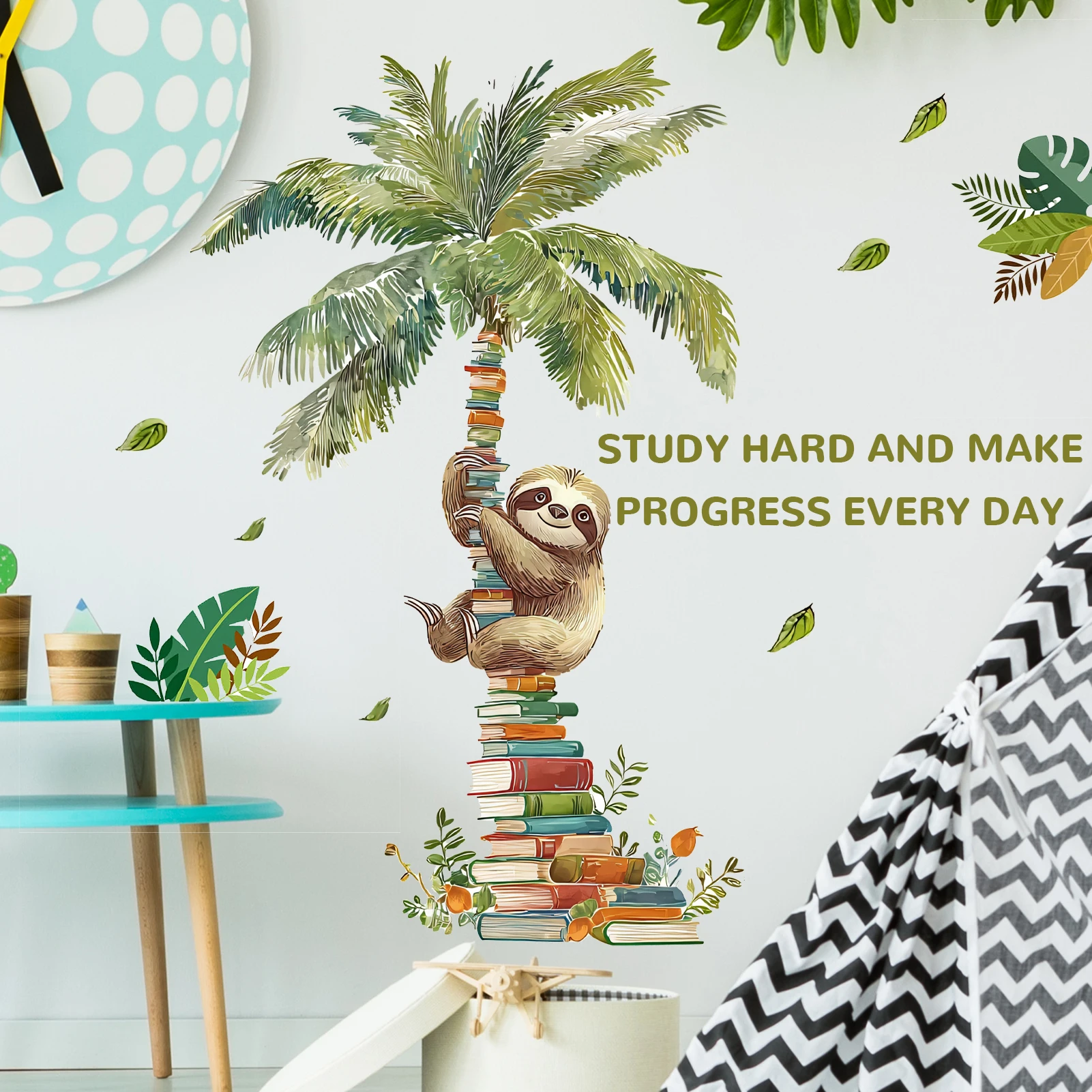 Tropical Reading Animal Wall Sticker Palm Tree Monkey Sloth Wall Decal for Library Study Wall Art Home Decor