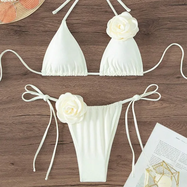 2025 Women 3D Flower Micro Bikini Set Push-Up Halter Thong Swimsuit Sexy Brazilian Cutout Beachwear S-XL Pool Party Swimwear