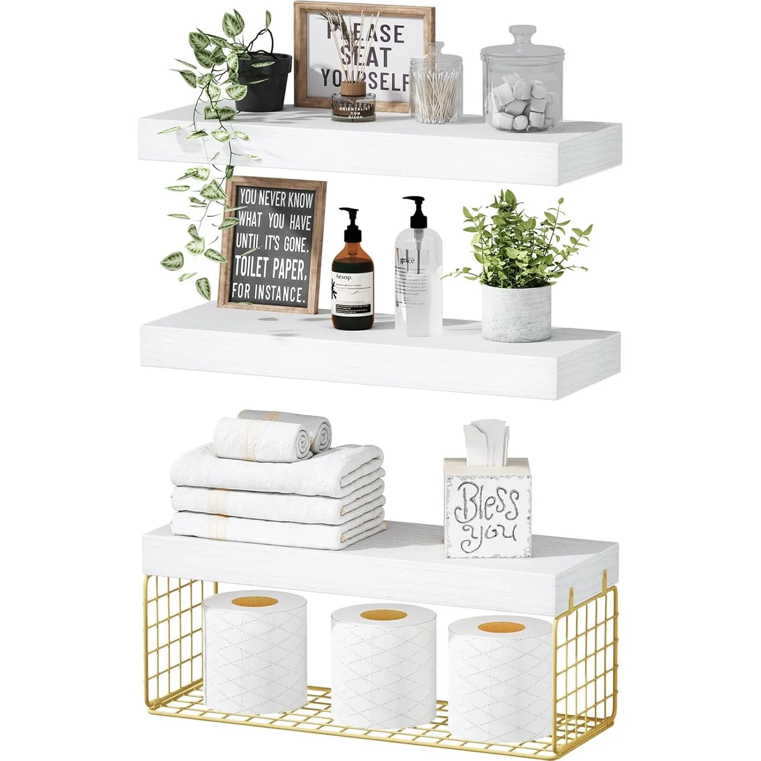 

Bathroom Shelves Over Toilet - Wall Mounted Floating Shelves Toilet Paper Storage Small Modern Decor Shelf 16 inch Set of 3.