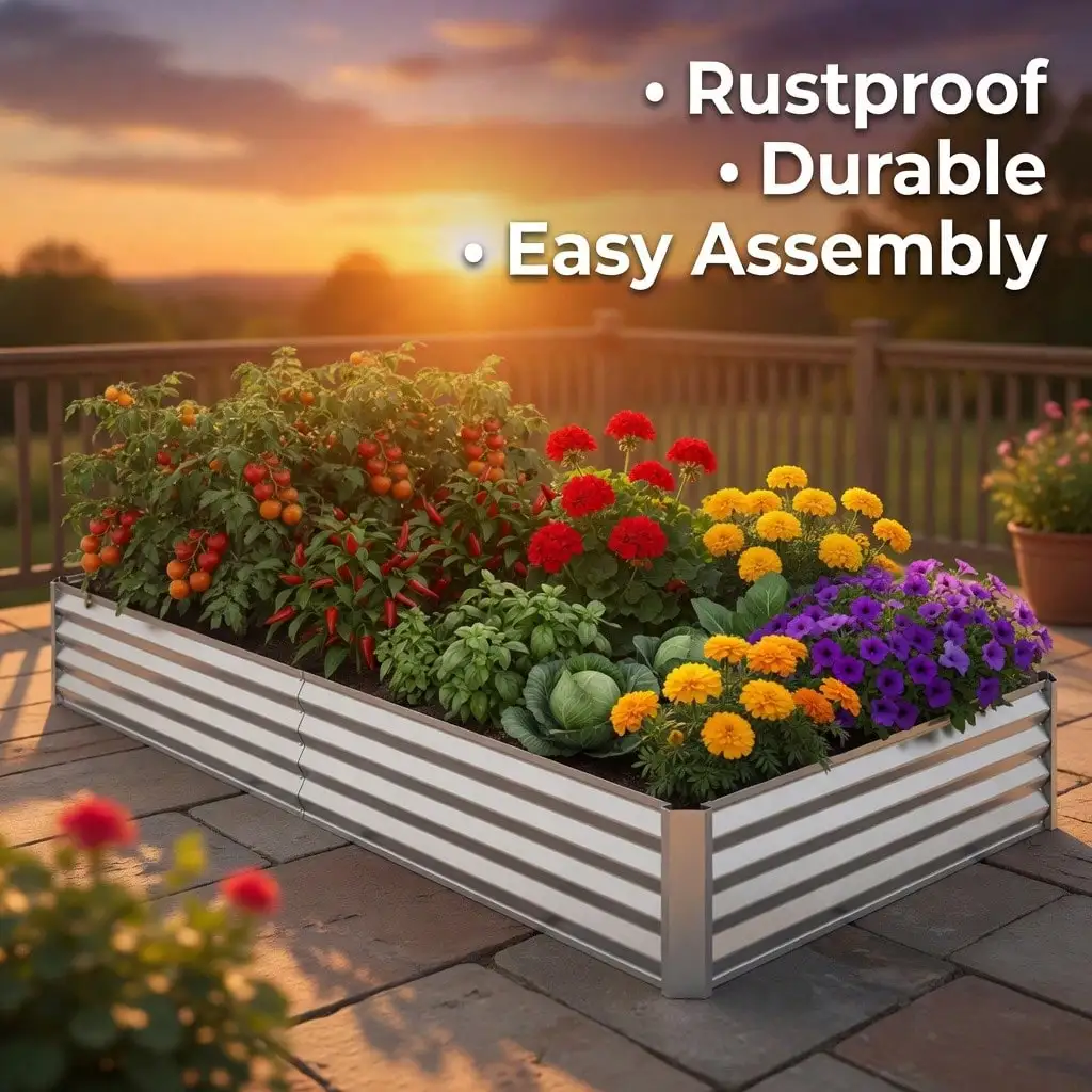 Raised Garden Bed, Measuring 4*2*1 Feet, Made Of Galvanized Material, Designed For Outdoor Planting Of Flowers, Plants, Vegetables, And Herbs - Rust-Resistant, Sturdy And Durable, Easy To Assemble, Comes With Detailed InstallationGardening Pots, Planters
