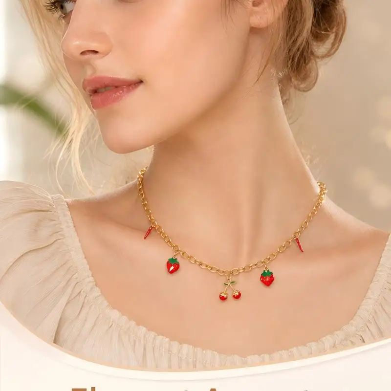 KAZX Anti Oxidation Stainless Steel Fruit Necklace Cute Strawberry Cherry Pepper Pendant Adjustable for Women Birthday Jewelry