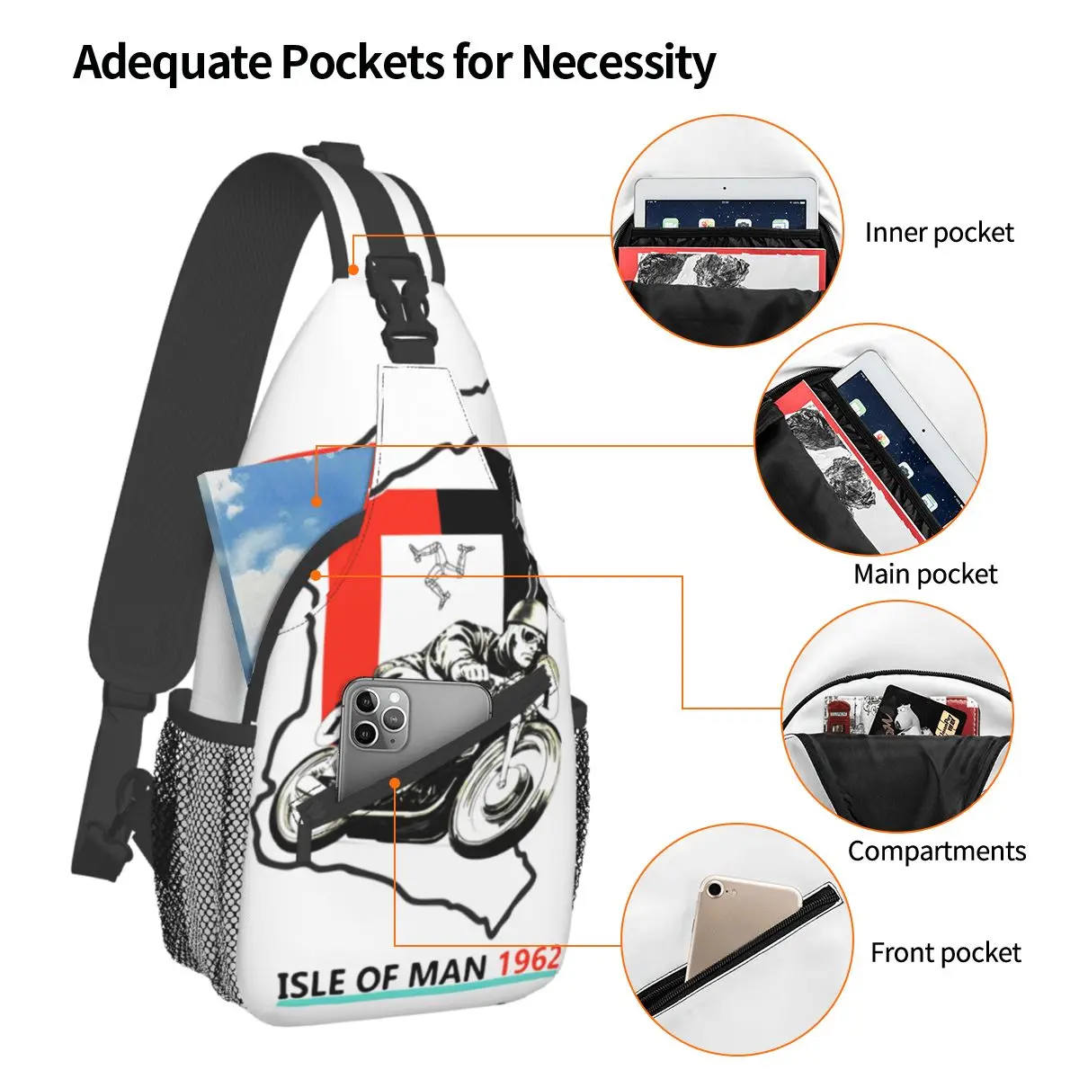 Isle Of Man TT Sling Bag Chest Crossbody Shoulder Sling Backpack Hiking Travel Daypacks Road Racing Motorcycle Pattern Satchel