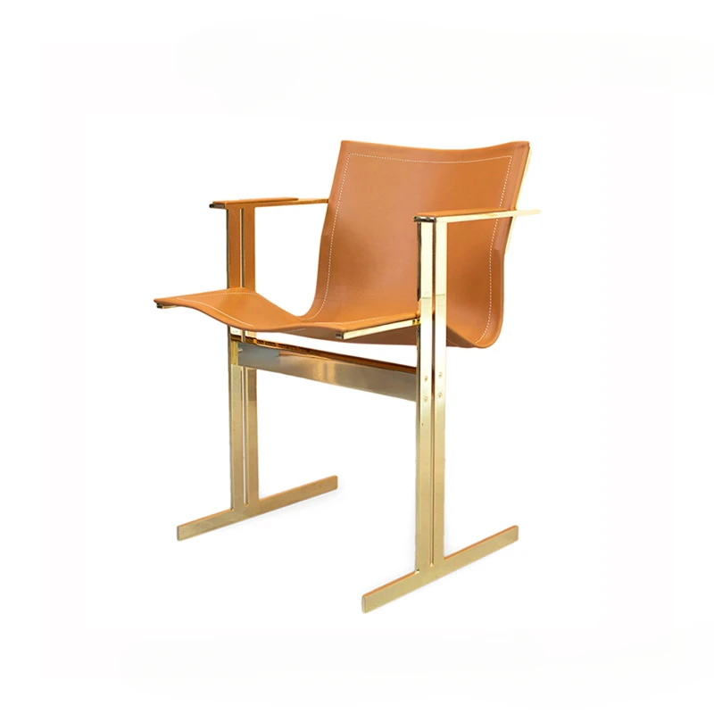 Saddle leather dining chair, stainless steel personalized leisure chair, hard leather modern chair