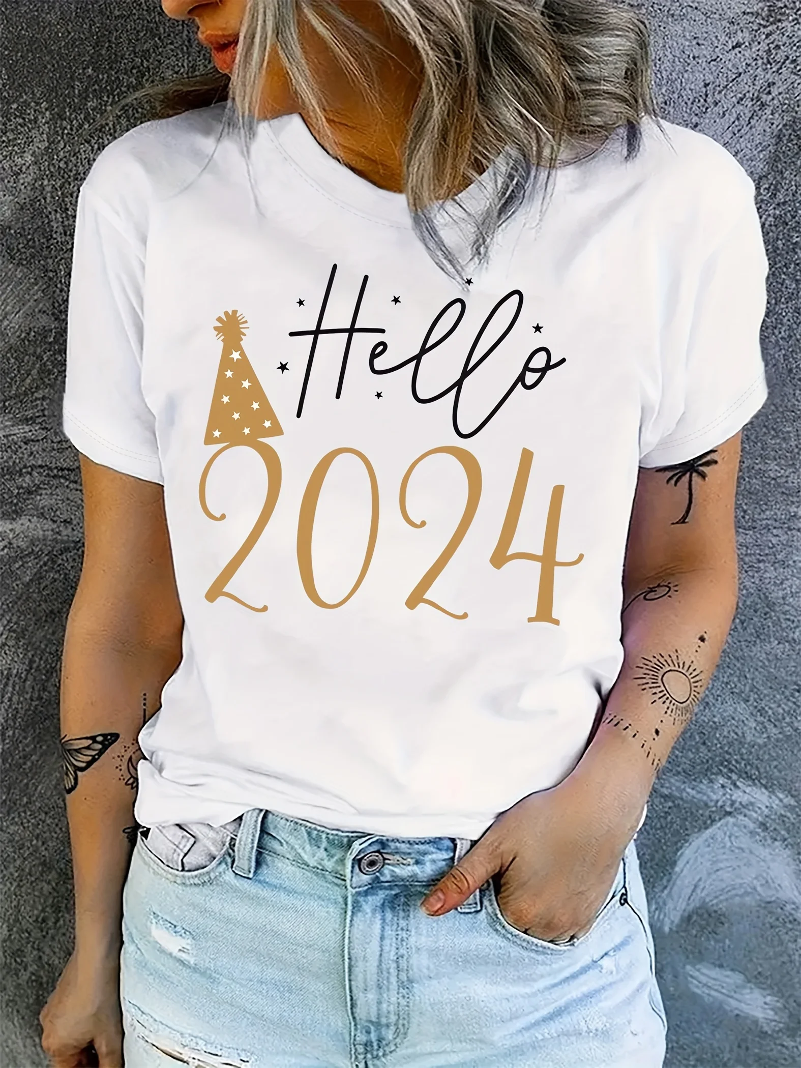 

New Year Print Crew Neck T-shirt, Casual Short Sleeve Top For Spring & Summer, Women's Clothing