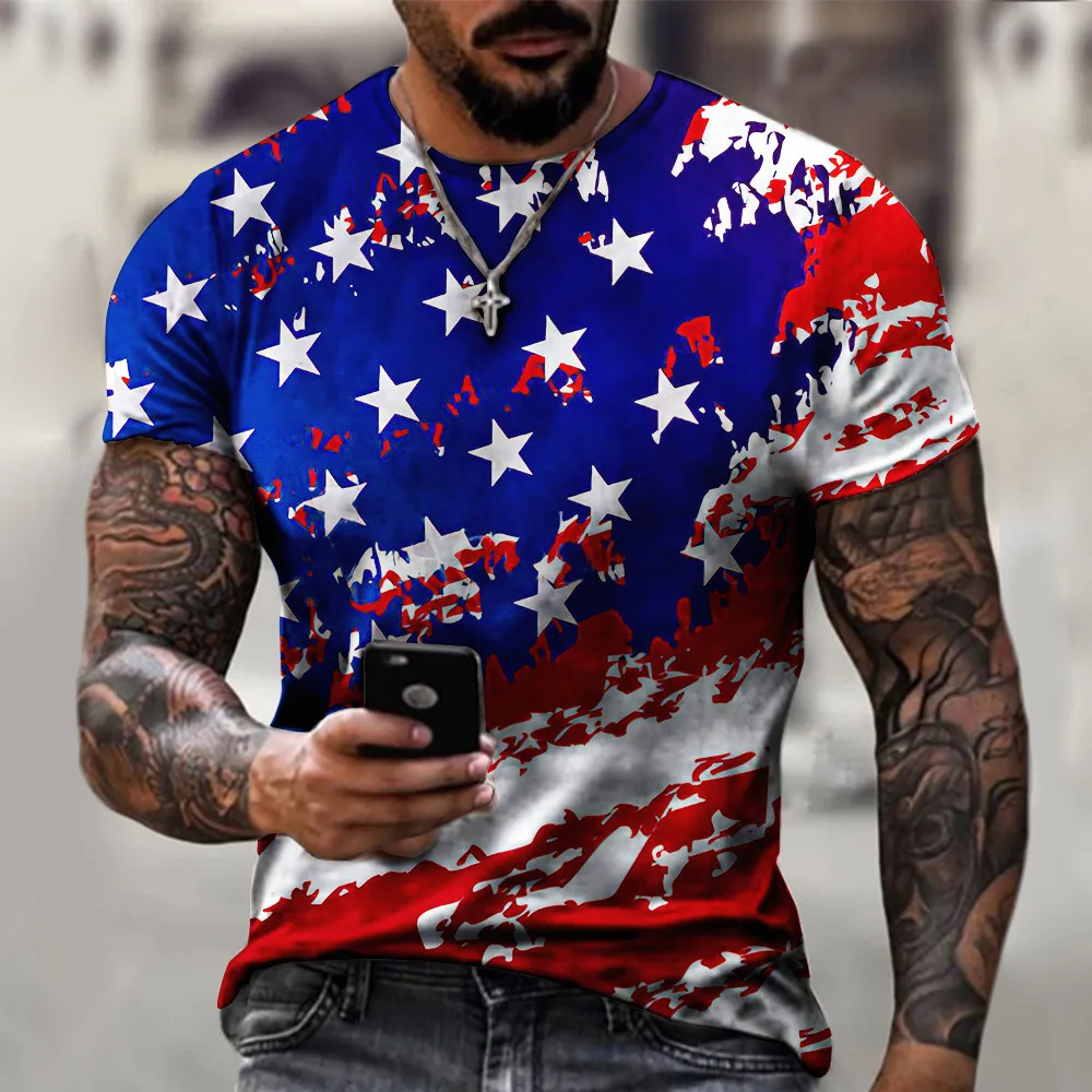 Retro Men'S 3d Five-Pointed Star Printed T-Shirt Oversized Sportswear Summer Street Breathable Slim Comfortable Striped T-Shirt