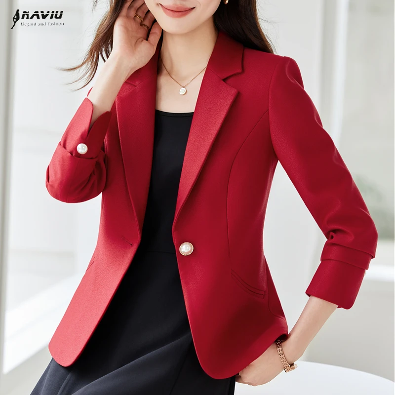 

NAVIU Fashion Women Red Pink Apricot Solid Blazer Female Long Sleeve Single Button Jacket Coat Ladies Office Blazer Outerwear