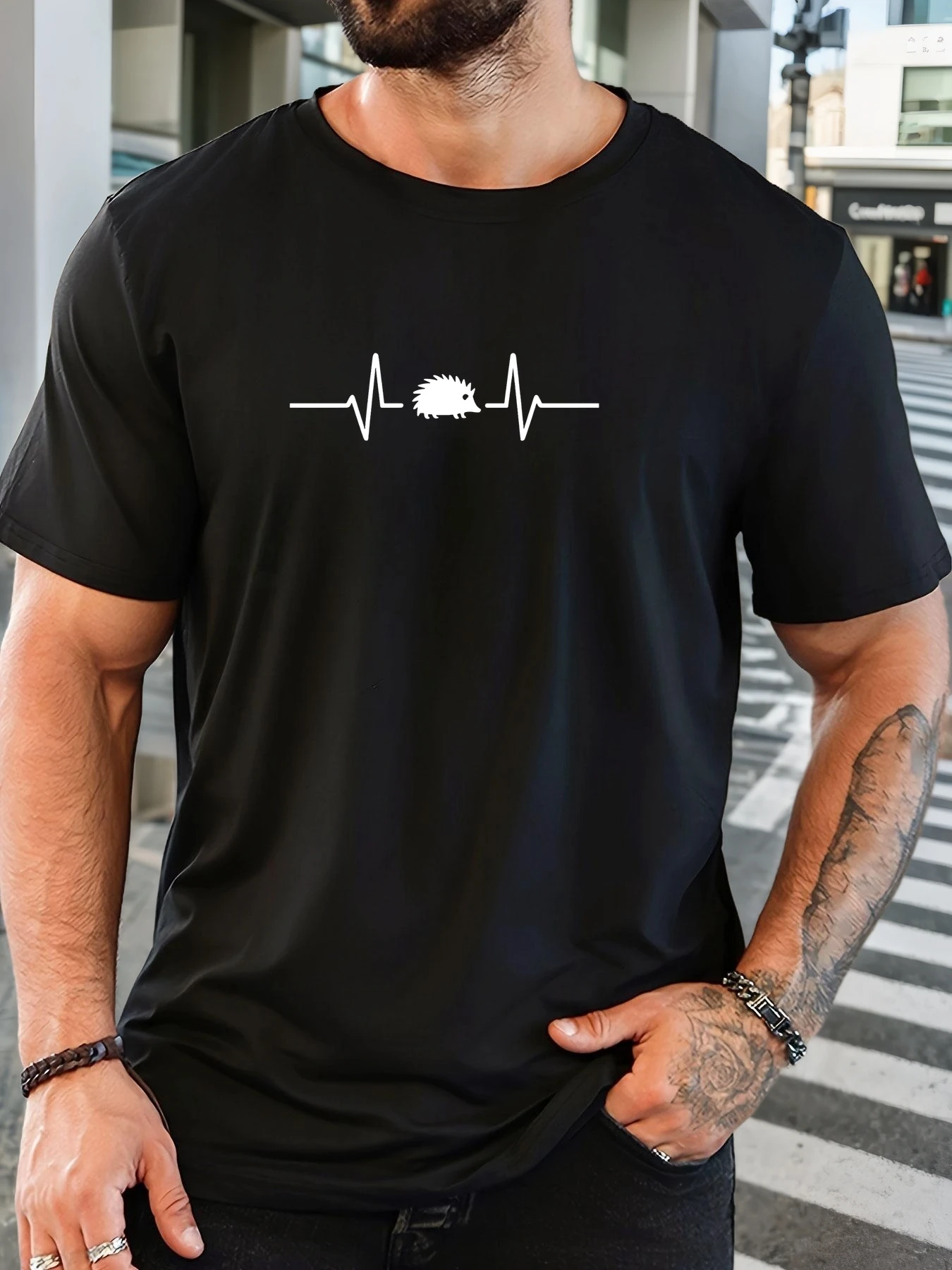 Men Black Crew Neck Tee Minimal Hedgehog Heartbeat Pulse Line Cute Small Wild Animal Pet Lover Soft Cotton Male Casual Tops