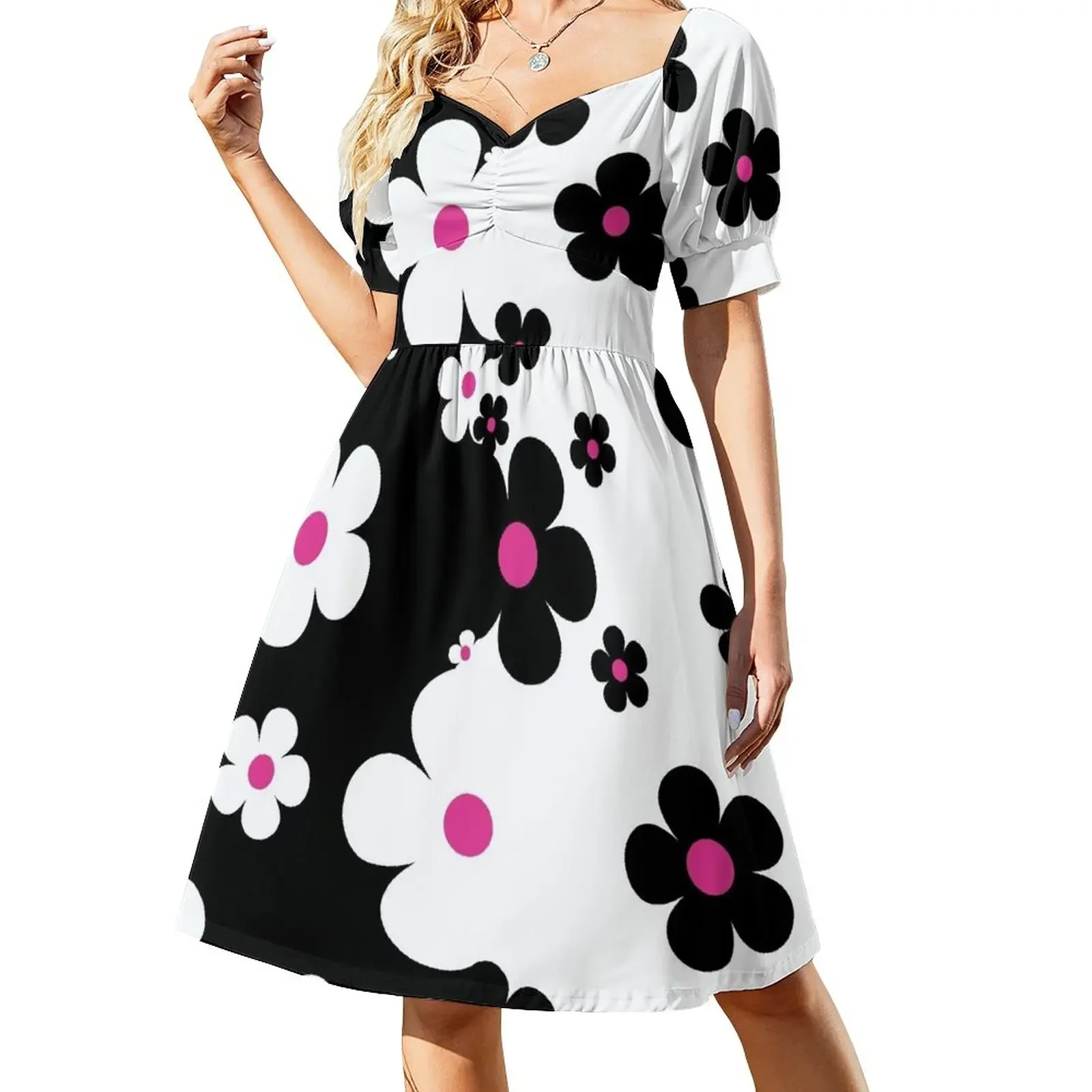 

60's Retro Pop Small Flowers in Black, White and Pink Short-Sleeved Dress summer dress for women 2025