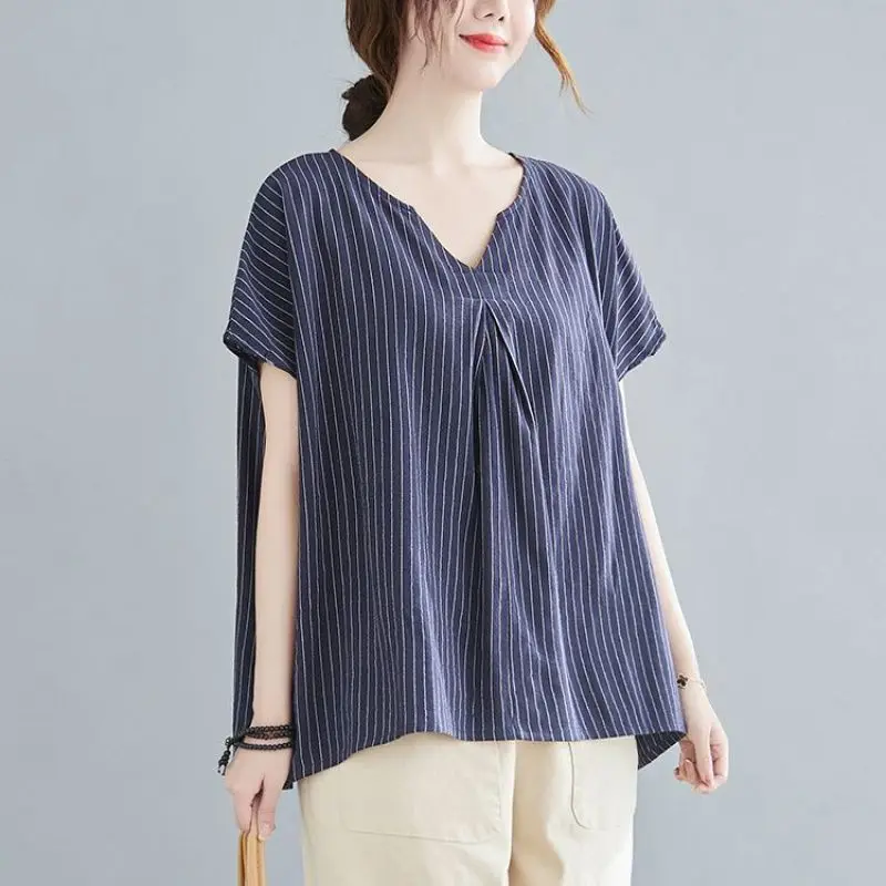 Women Summer Simplicity Loose Striped Large Size Appear Thin Cotton and Linen V-neck Short Sleeve T-Shirt Ladies Casual Top Tee