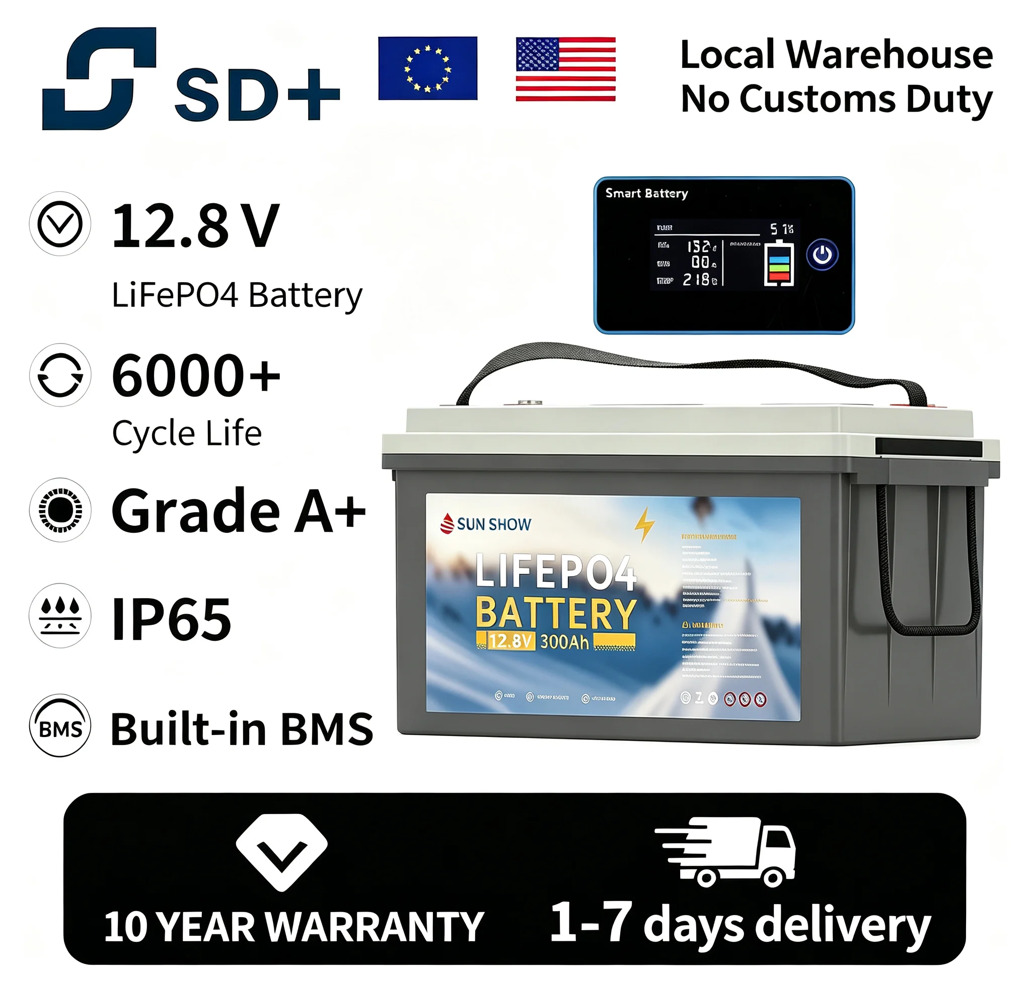 SANDISOLAR 12V LiFePO4 Battery 12.8V 300Ah 3840Wh｜6000 Cycles for Solar Storage RV Marine