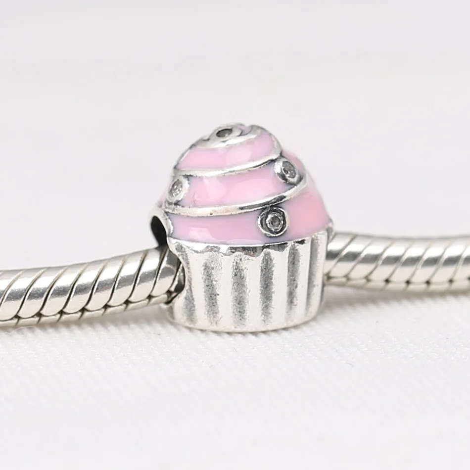 Authentic S925 Sterling Silver Bead Fit Women Bracelet Bangle Birthday Cupcake Charm Pink Enamel DIY Jewelry