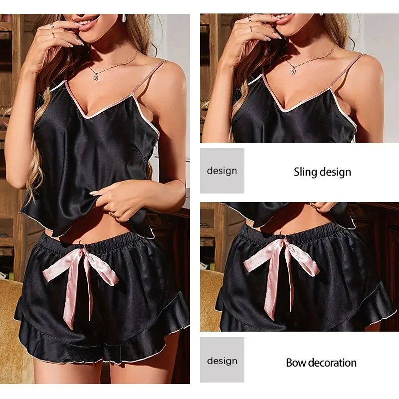 Summer Two-Piece Pajama Set for Women\'s Casual Sexy Sleeveless Suspender Top and Ruffled Shorts Pajama Set