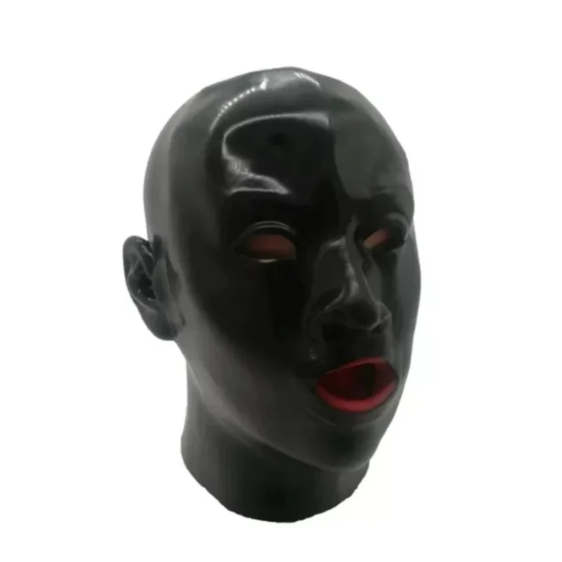 Latex Mask Fetish Unisex Rubber Hood Anatomical Heavy Lined With Red Mouth Sheath Tongue and Nose Tube