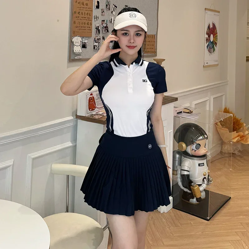 2024 BG Golf Women Shirt Contrasting Short Sleeve T-shirt Summer Slim Quick-drying Pleated Skort High-end Golf Tops for Ladies