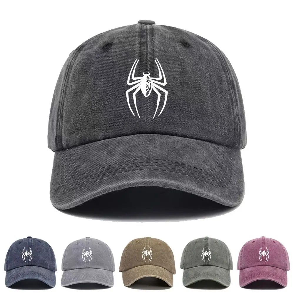 Vintage Washed Baseball Cap White Spider Print Graphic Unisex Streetwear Casual Trucker Style Summer Cotton Sun Hat