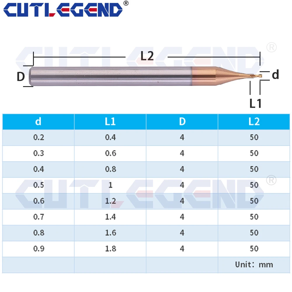 マイクロカーバイドフラットエンドミル,CNCフライス盤,タングステンカーバイド,0.2-0.9mm, 0.3mm, 0.4mm, 0.5mm, 0.6mm, 0.7mm, 0.8mm 2インフルエンサー