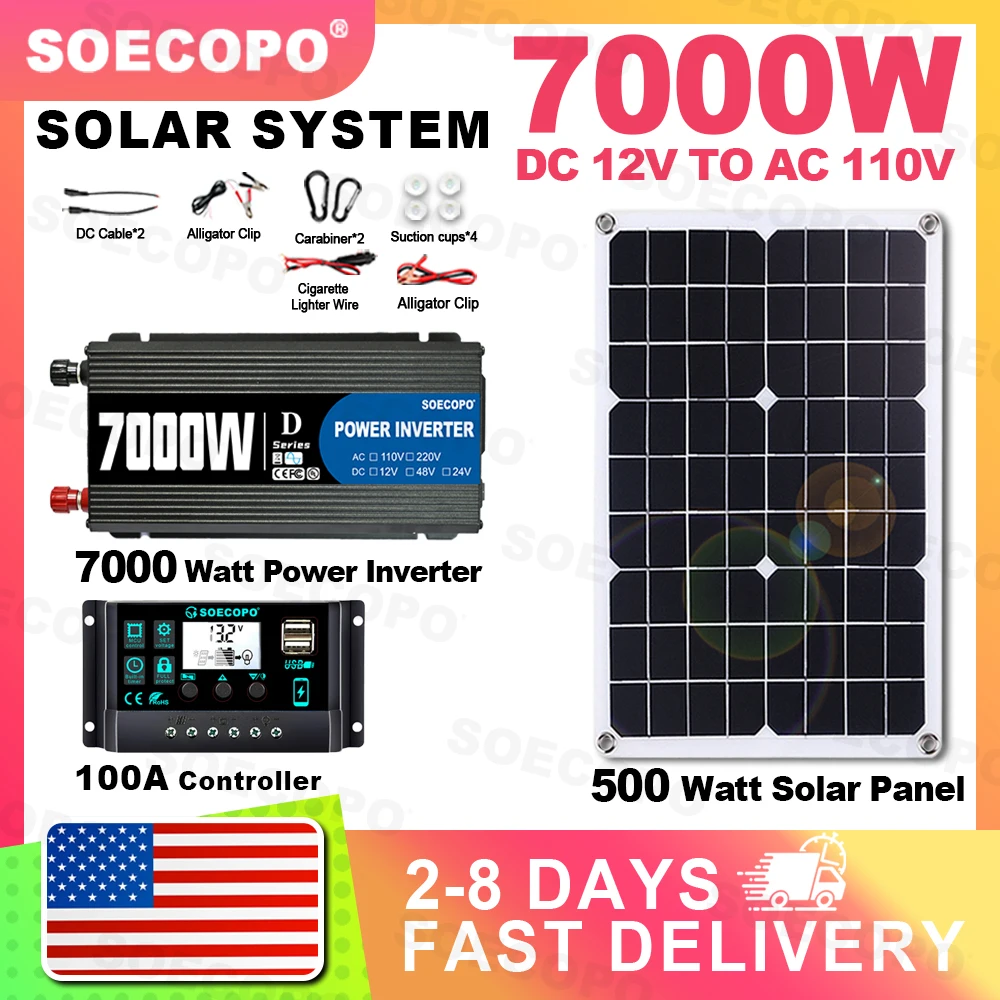 

(Delivery within 2-8 days) SOECOPO 7000W Solar System Kit 500W Panel 100A Controller12V To 110V Inverter for RV Camping Home