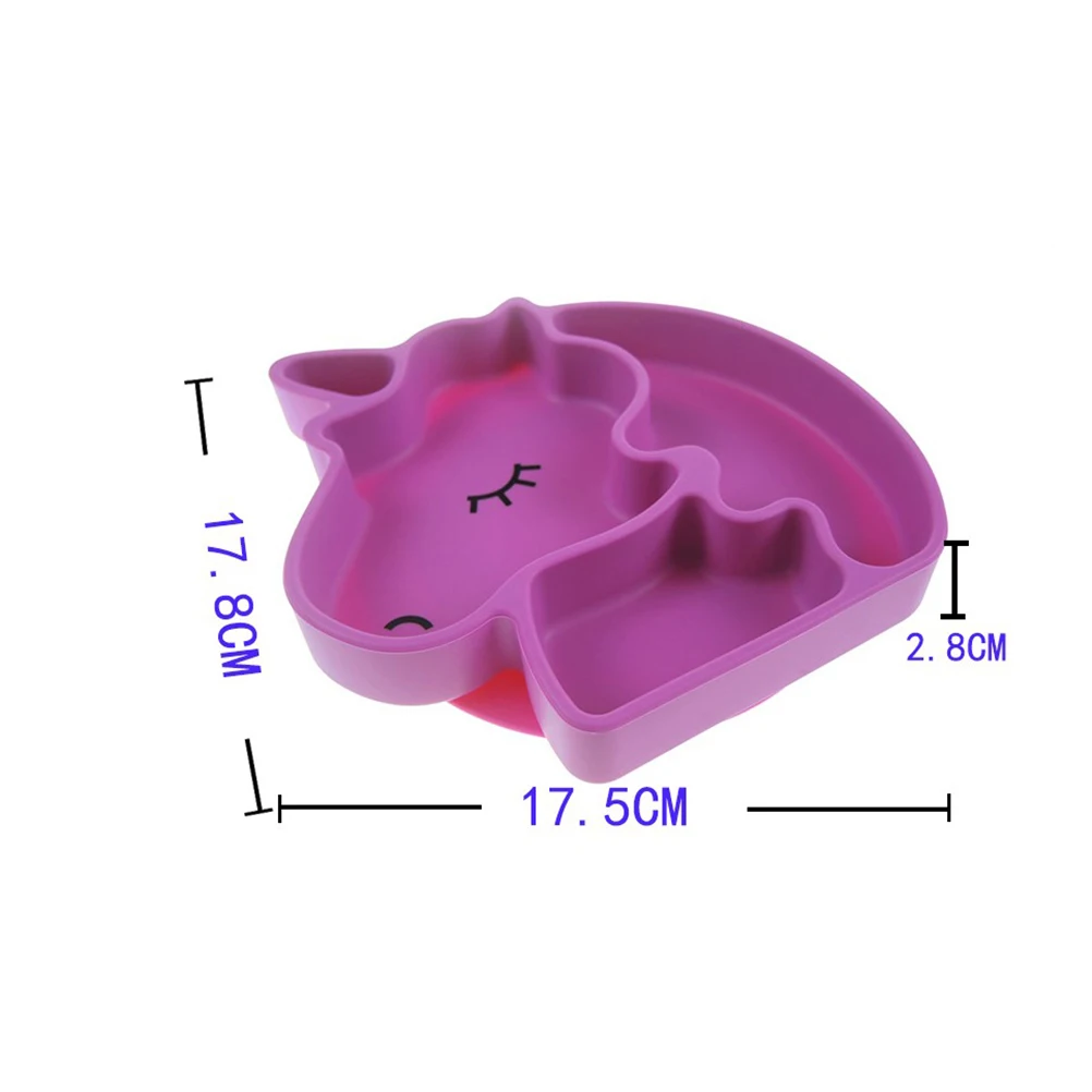 Plato dividido de unicornio, plato de comida de silicona de primera calidad, Base antideslizante, diseño de dibujos animados para comer y entrenar, reutilizable