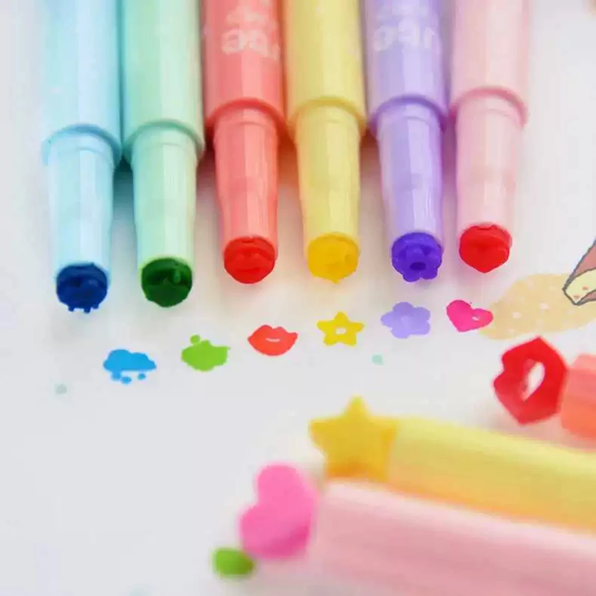6Pcs Cute Candy Color Stamp Highlighter Pen Set Water-Based Fluorescent Markers for Student Journal School Office Stationery ﻿